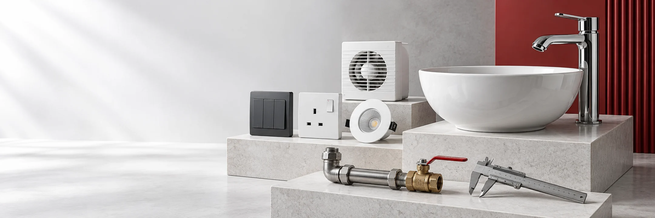 Concept display of electrical and sanitary fittings with precision engineering components.
